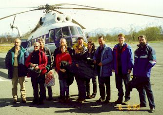 The delegates about to board a helicopter to leave for the Kronotsky reserve and Nalychevo.