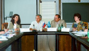 G. Zlateva, UNDP Programme Coordinator, A. Prokhoda, Head of the training centre for the teaching staff of the Russian Academy of State Service, N. Sleptsov, Pro-Rector of the Russian Academy of State Service, M. Gordeeva, Head of the Department on the problems of family, women, children and young people under the Ministry of Labour and Social Development of the Russian Federation.
